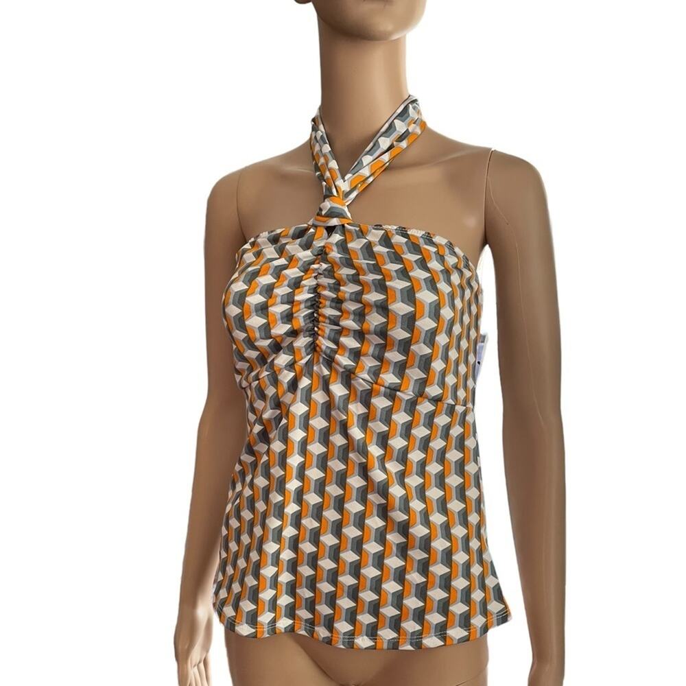 NWOT Ava Rose Gray Orange Geometric Sleeveless Backless Chic Halter Top Small